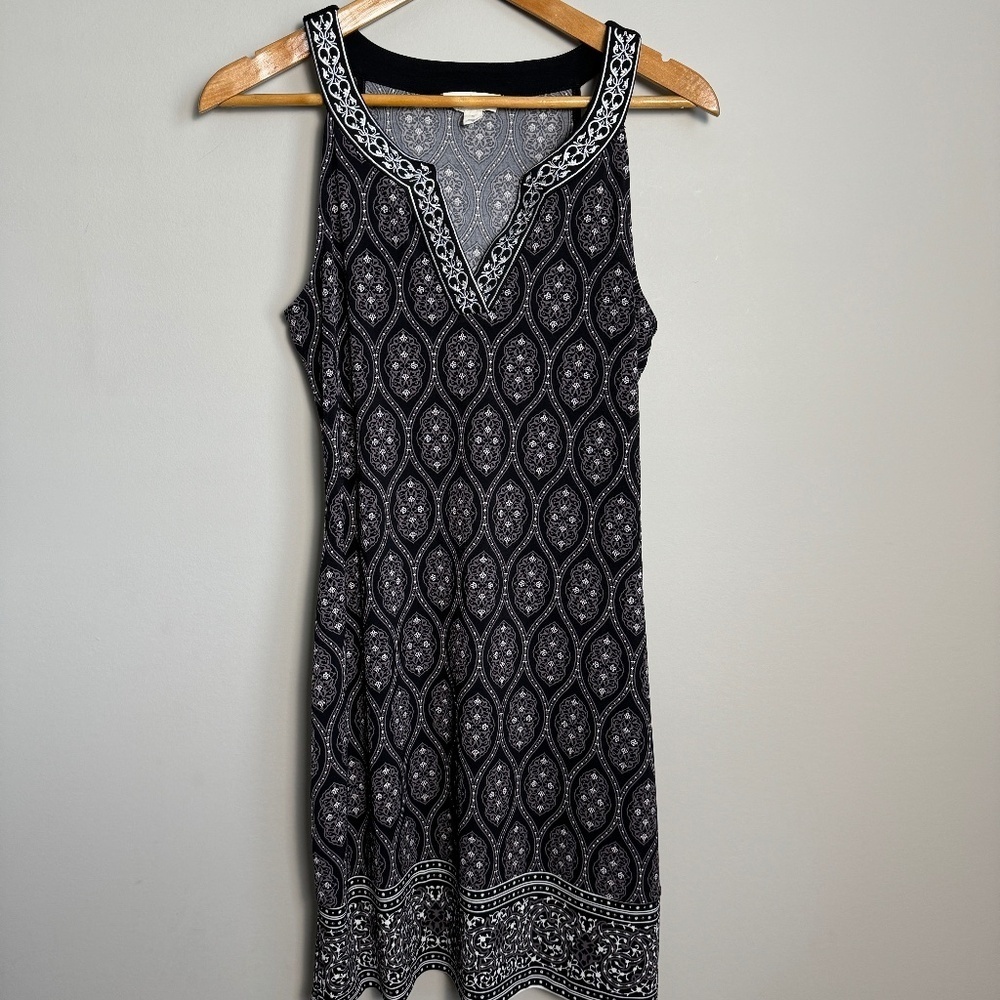 Magnolia Grace Black/Gray Geometric Sleeveless Midi Dress Small Embroidered Trim